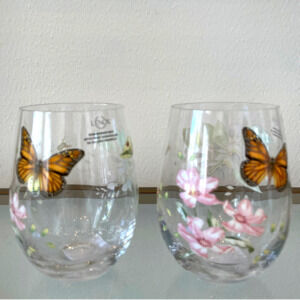 Lenox Butterfly Meadow Stemless Wine Glass Set of 2 Spring Floral Barware NEW